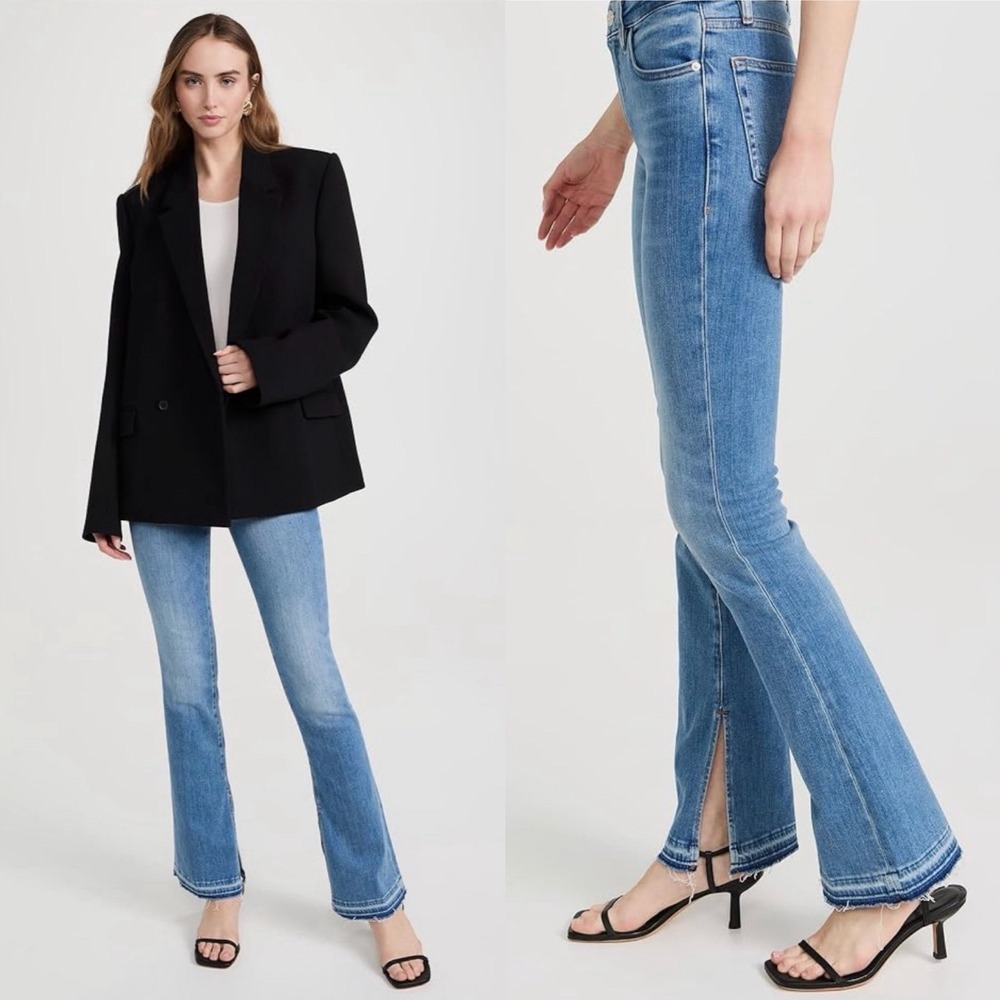 FRAME Le Mini Boot Jeans Wavey Blue Front Slit Raw Hem High Rise Bootcut Size 31